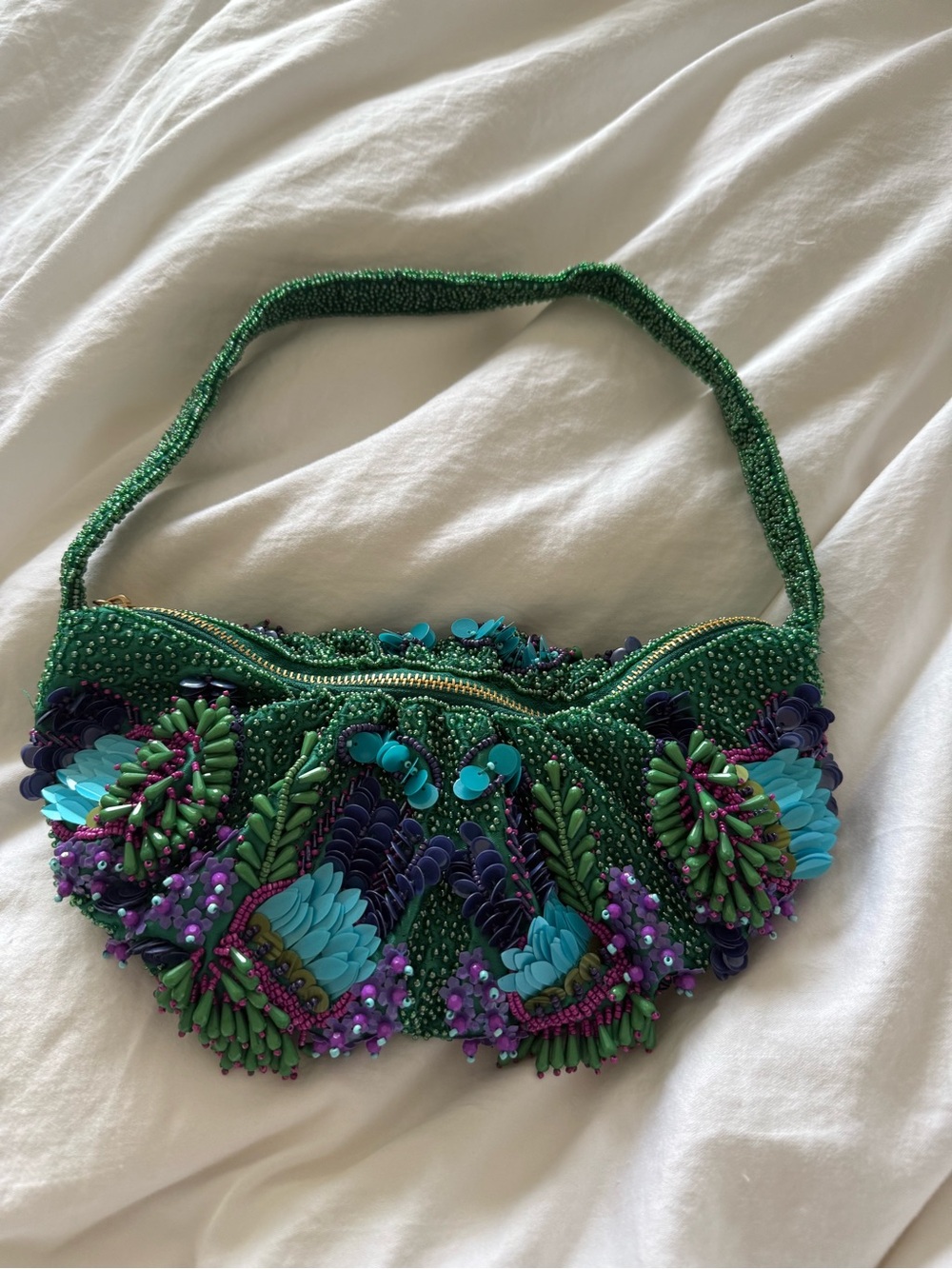 Zara Green Beaded Clutch with Blue and Purple Embellishments